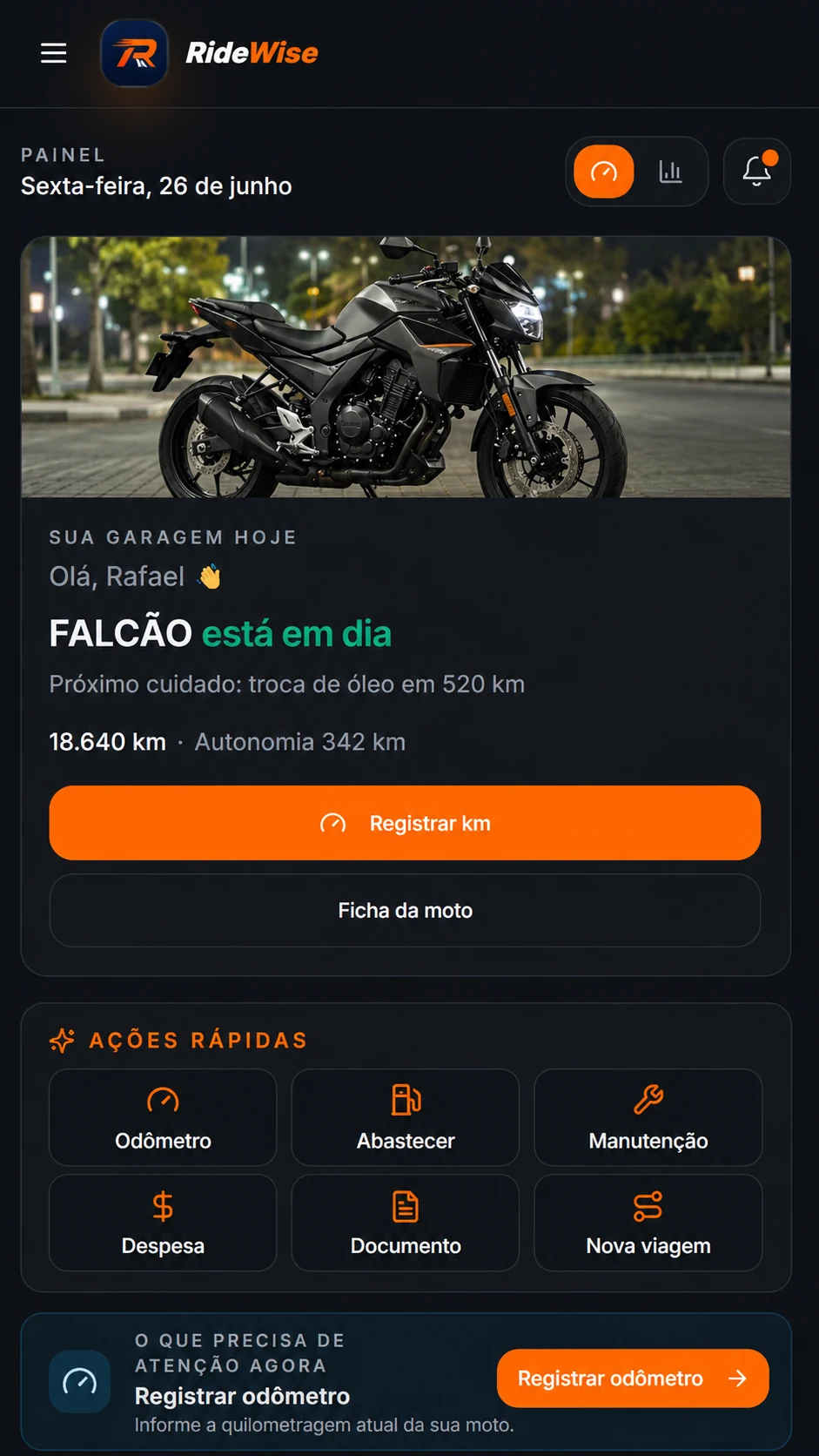 Tela da garagem no celular: moto, quilometragem, próximo cuidado e ações rápidas